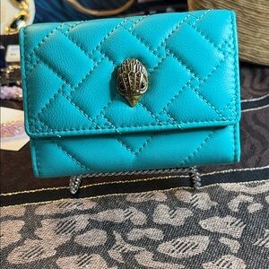 Turquoise Quilted Tri Fold Leather Small Wallet with Decorative Clasp